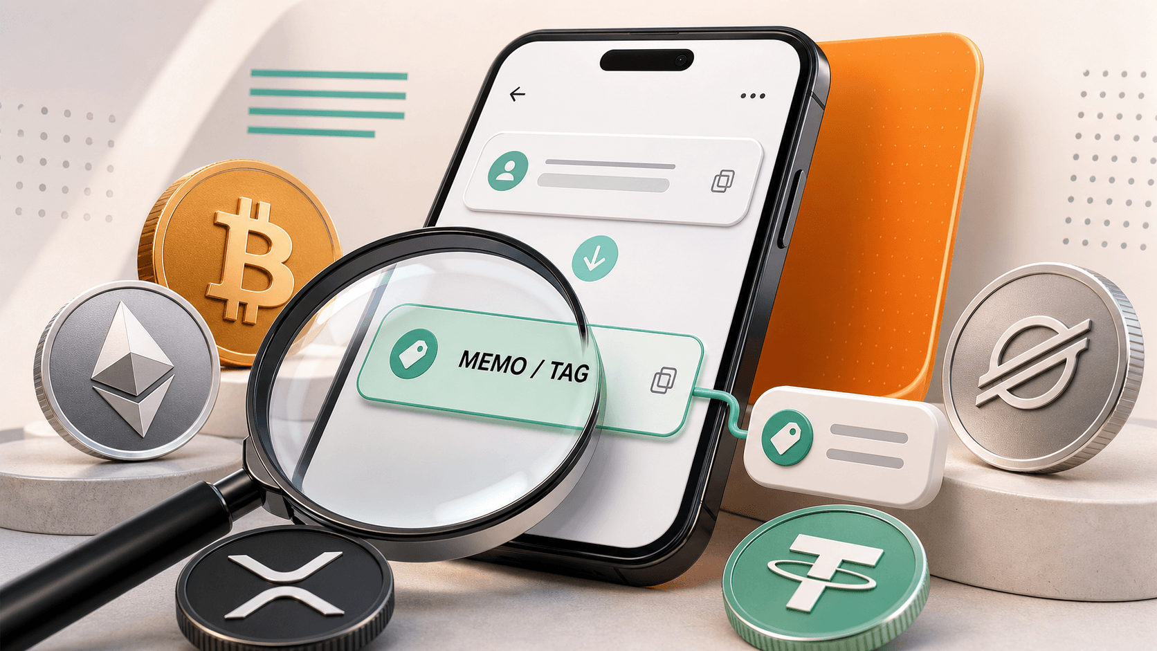 Wallet con campos separados de dirección y memo conectados por una ruta cripto segura