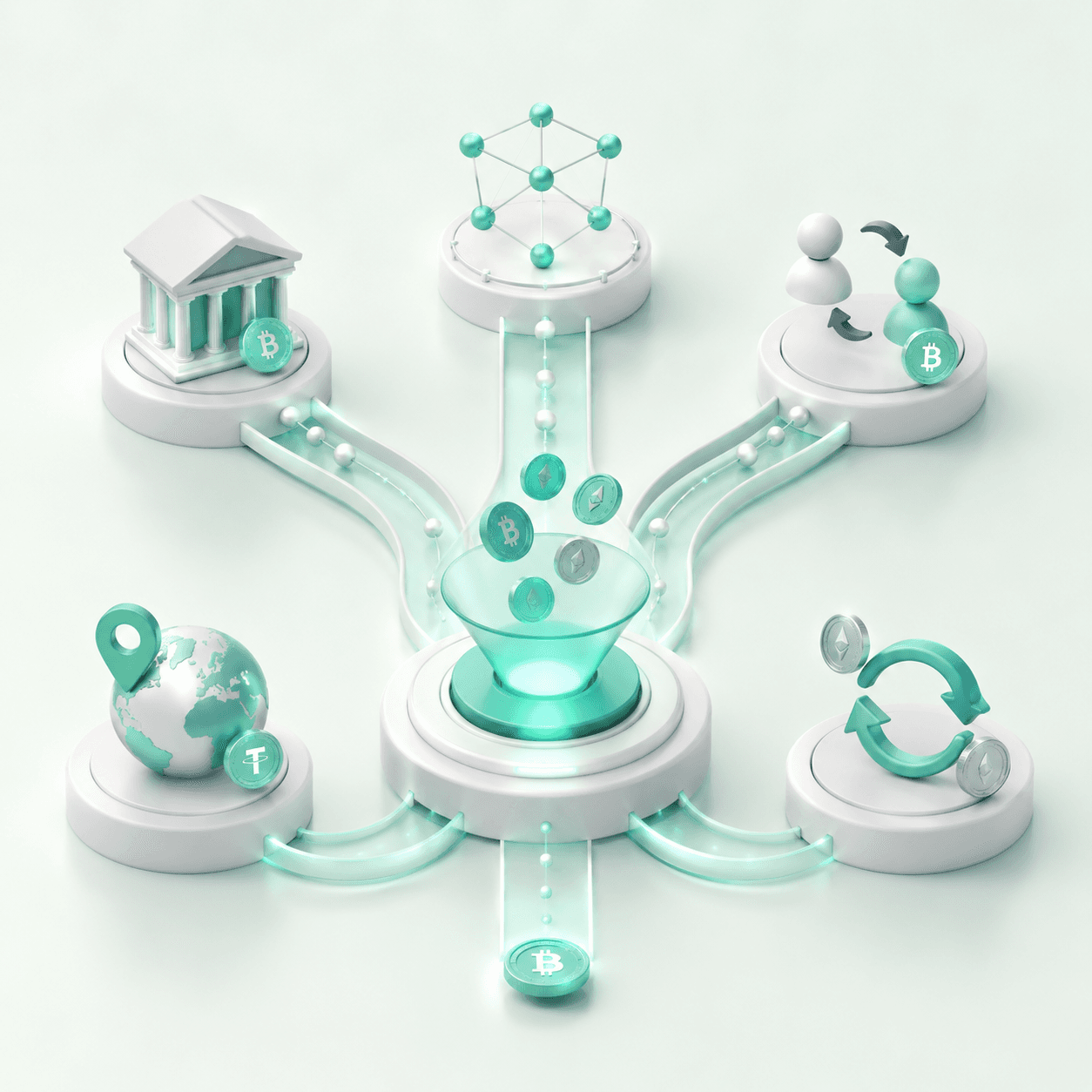 Exchange paths flowing through a crypto guide funnel