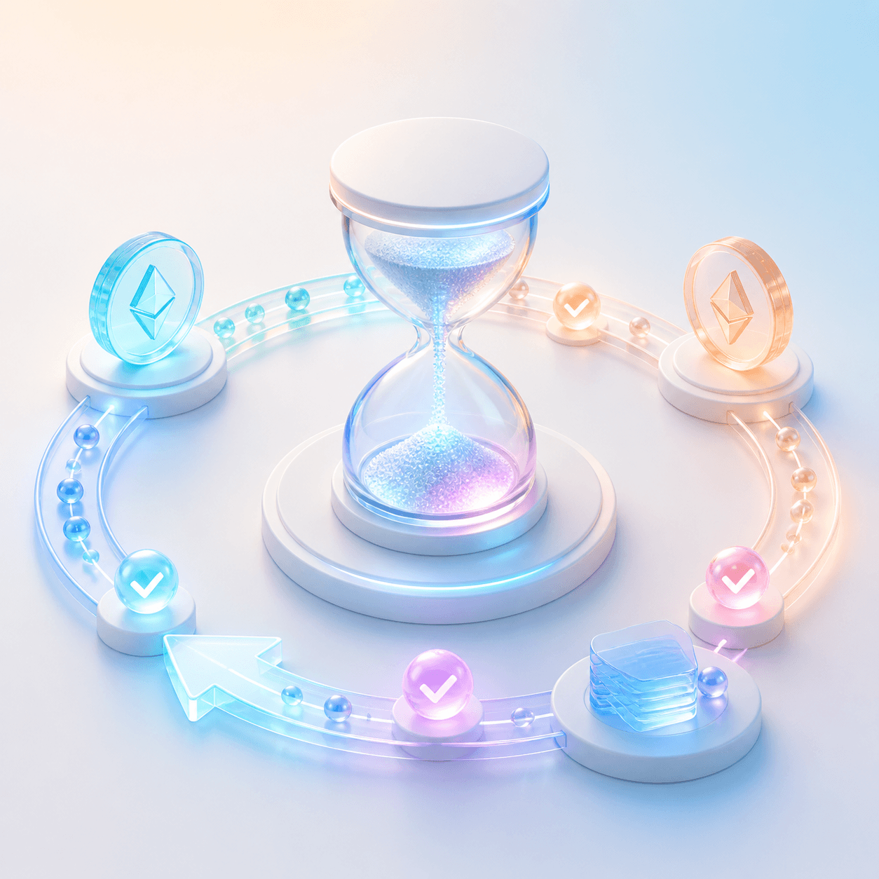 Reloj de arena con puntos de progreso para un swap cripto
