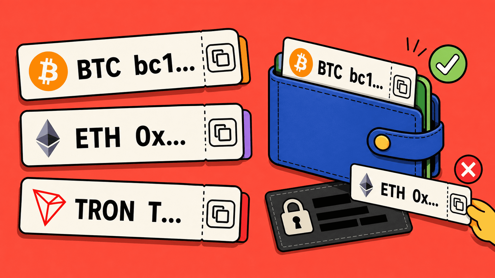 Etiquetas de direcciones de Bitcoin, Ethereum y Tron con iconos de copia y una wallet receptora