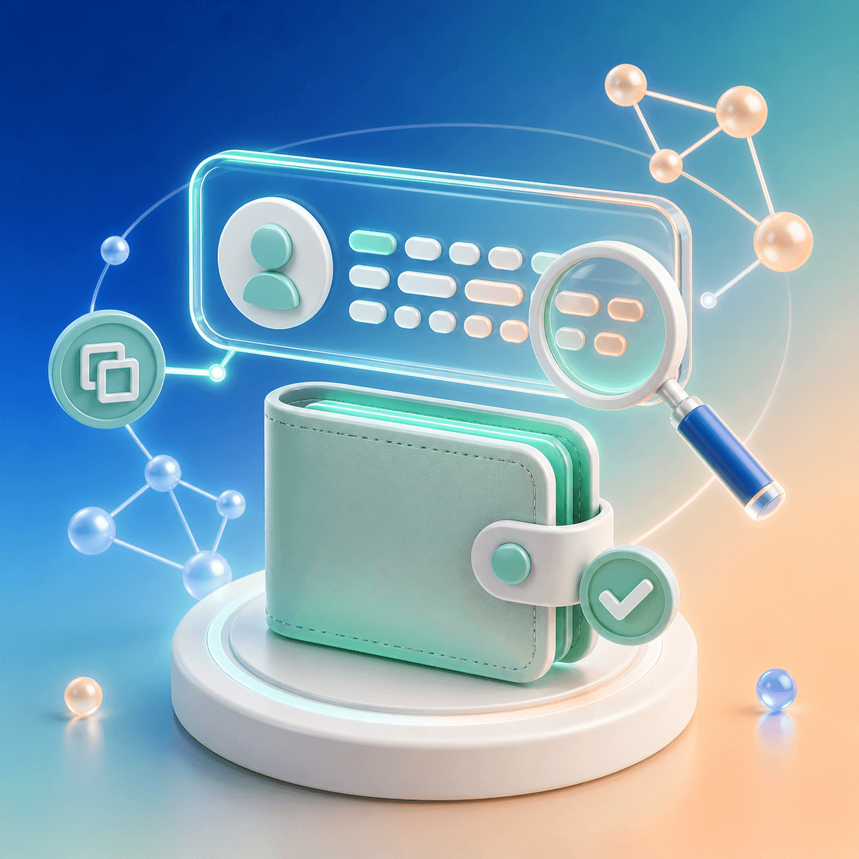 Wallet cripto con tarjeta de dirección, copia y lupa