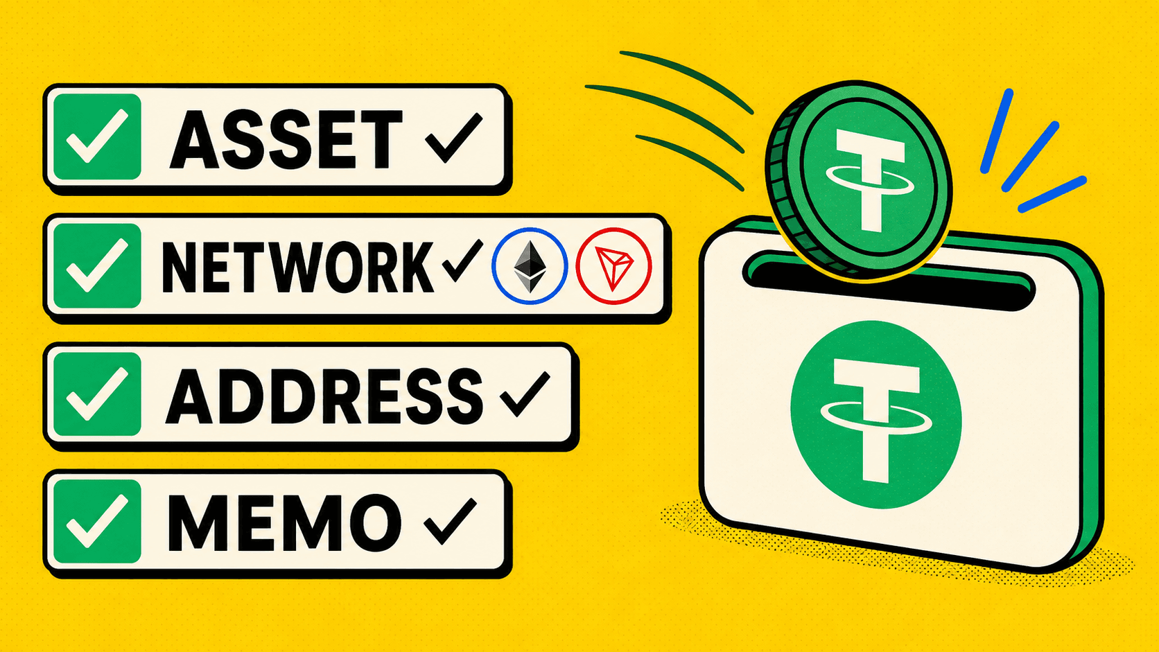 Checklist de transferencia cripto con activo, red, dirección y memo junto a una wallet de USDT