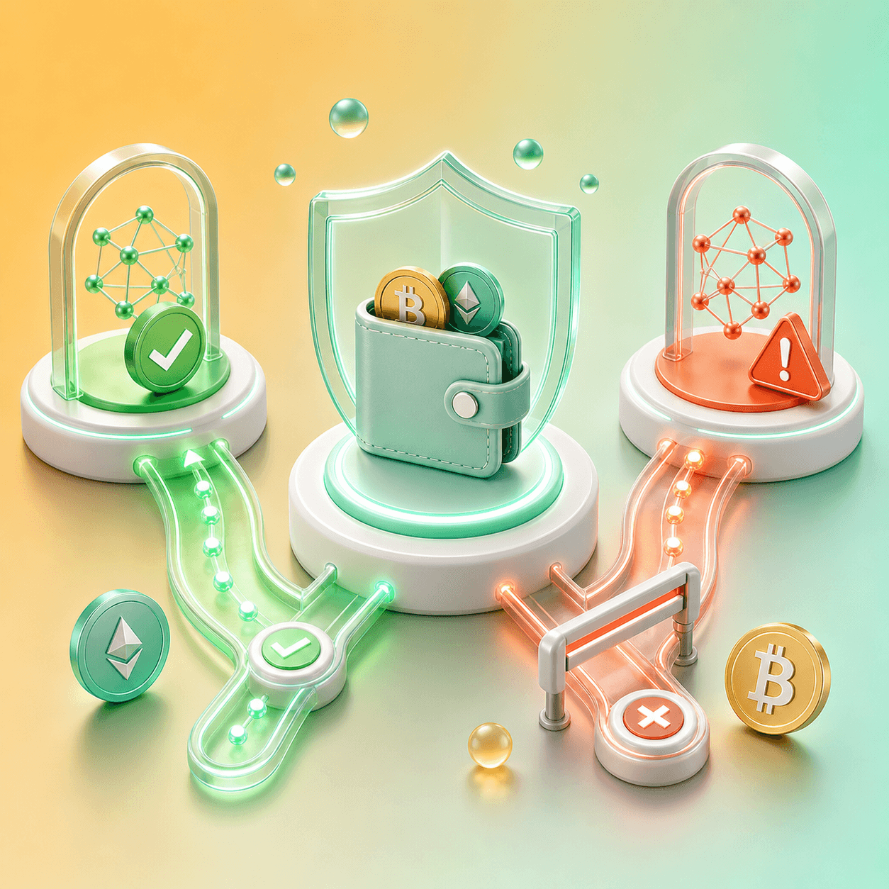Escudo de wallet con rutas de red correcta e incorrecta